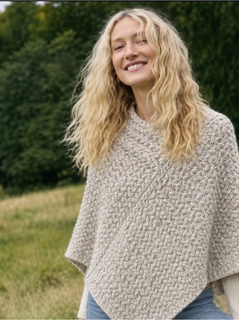 Irelands Eye Wool Cable Knit Poncho Grey Greige Granola Girl Coastal Angler Aran